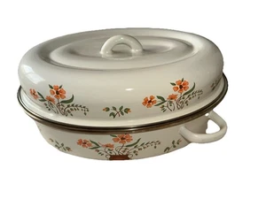 Vintage Sheffield Enamelware Roasting Pan Roaster with Lid Floral White Enamel - Picture 1 of 8