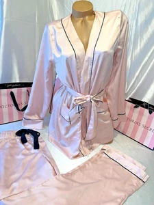 Victorias Secret Satin Short Robe & Pants Set Pink M/L - Picture 1 of 2