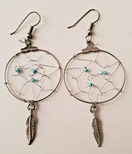 Vintage Traumfänger Ohrringe silberfarben blau Perlen Federn Haken Tribal Indianer - Bild 1 von 4