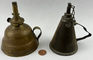 2 Antique Whale Oil Lamps One is Brass Pantented 1893, the Other Tin - Picture 1 of 11