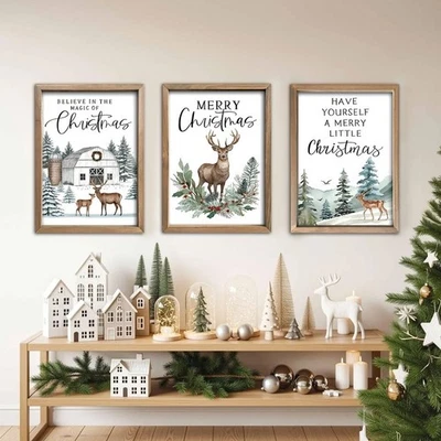 Christmas Wall Hanging Wooden Reindeer Plaque Fir Wood Framed Art Print Set - Image 1 of 4