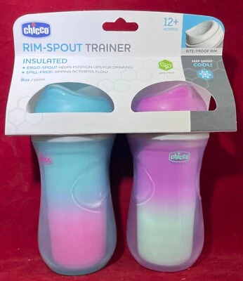 Chicco Aislado Borde Boño Entrenador Libre de Derrames Bebé Taza 9oz Juego de 2, NUEVO Foto 1 de 2