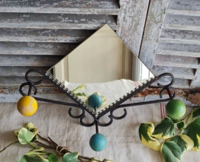 ANCIEN PORTE MANTEAU FER FORGE BOULE BOIS COULEUR ET MIROIR VINTAGE - Photo 1/4