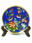 4" Flower Bird Cloisonne Enamel Plate & Wooden Stand, Deco or Jewelry Candy Tray