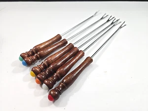 Set of 6 Vintage Fondue Hors D'Oeuvres Forks Wooden Handles Multicolored Tips - Picture 1 of 5