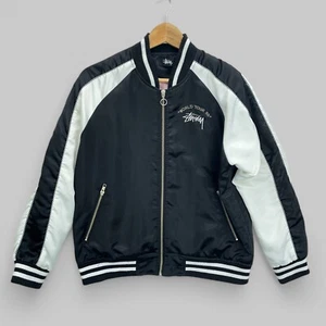 Stussy World Tour 35 Bomber Jacket Women's 12 Black Satin Tiger Embroidered - Picture 1 of 15