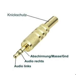 Klinkenstecker 3.5mm 3-polig, Stereo. Lötanschluss vergoldet, Metall Knickschutz - Bild 1 von 2