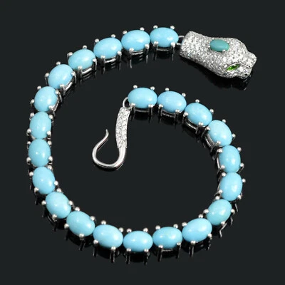Natural Turquoise Sleeping Beauty Gemstone 925 Sterling Silver Cobra Bracelet  - Image 1 of 4