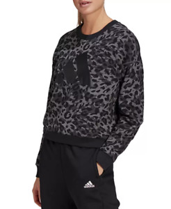 Adidas Crew Sweatshirt Womens Small Loose Fit Sportswear Grey Leopard Printed