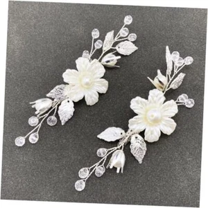 Pearls Flower Hair Clips 2pcs Bridal White Floral Silver Leaf Vine Hair Pieces - Picture 1 of 8