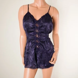 💖 VTG VICTORIA'S SECRET Gold S Bodysuit Teddy Satin Floral Eggplant Purple Lace - Picture 1 of 12