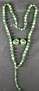 Vtg Green Faux Pearl Beaded Necklace Starfish Gold Tone Accent Earrings Set ** - Picture 1 of 9