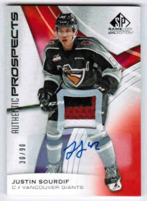 19/20 SP GAME USED CHL JUSTIN SOURDIF #17 AUTHENTIC PROSPECTS PATCH AUTO RED /90 - Image 1 of 2