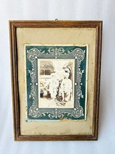 Vintage Wooden Frame Indian Old Man Smoking Hookah Black And White Photo Print - Picture 1 of 3