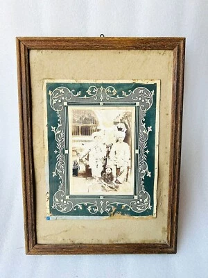 Vintage Wooden Frame Indian Old Man Smoking Hookah Black And White Photo Print - Image 1 of 3