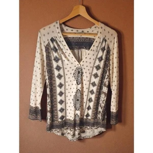 Lucky Brand Boho Peasant Top Large Beige Black Print Tunic Blouse Size Large - Picture 1 of 11