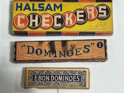 Vintage 1940s Wooden MINIATURE Dominos original boxes - ebon - Halsam checkers - - Image 1 of 4