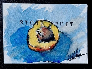 Apricot Stone Fruit Still Life Ink and Watercolor painting ACEO Original C60 - Picture 1 of 3