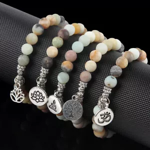 Damen Männer matt Amazonit Stein Strang Armbänder Chakra Mala Armband OM Lotus - Bild 1 von 22