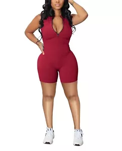 Women’s Solid Color Mock Neck Sleeveless Romper Jumpsuit  Casual Summer Outfits - Picture 1 of 8
