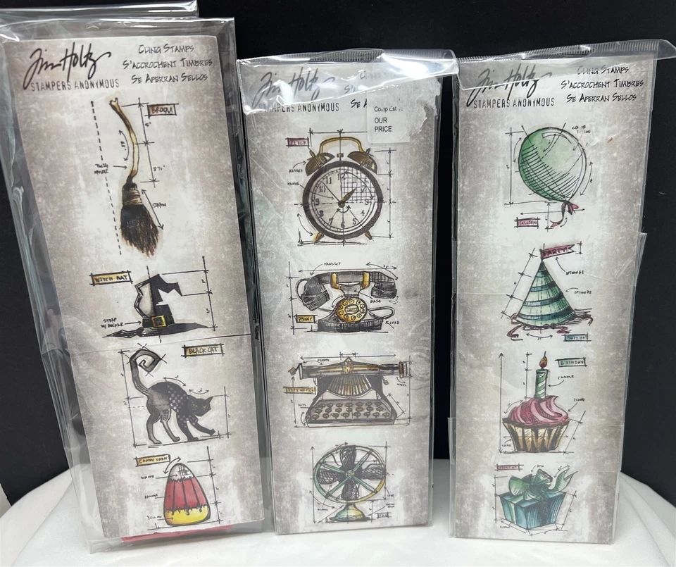 Tim Holtz винтажные вещи Хэллоуин день рождения вечеринки зажим резиновые штампы лот из 3 - Изображение 1 из 1