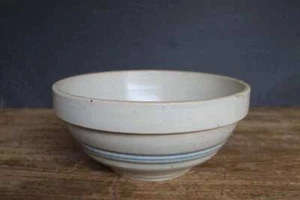 Antiguo cuenco mezclador de gres esmaltado Bristol rayas azules 10 pulgadas - Imagen 1 de 7