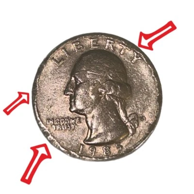 1985 U.S. Quarter Dollar Coin Circulated D Mint Missing Rim Errors 5.6g - Image 1 of 3