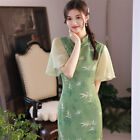Lady Green Satin Dress Cheongsam Evening Party Midi Qipao Slim Vintage Retro Fit