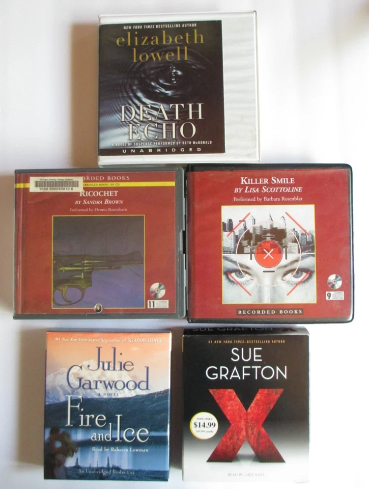 Lot, 5 CD Mystery Audiobooks Sandra Brown, Sue Grafton Garwood Lowell Scottoline - Image 1 of 1