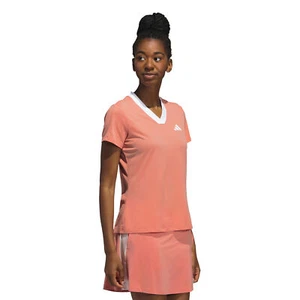 adidas Ladies Short Sleeve V-Neck Golf Top in Wonder Clay Coral Orange - Picture 1 of 4