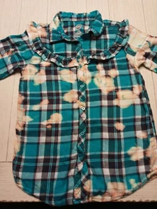 Hand Bleached Plaid Flannel Shirt Teal Ruffle Farmhouse BOHO Youth Girls Large - Picture 1 of 8