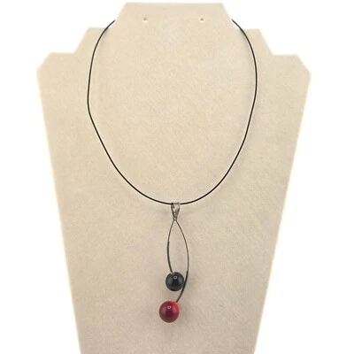 Collar Minimalista Art Deco Plata 925 Pandent Con Cerezas Vidrio Negro y Rojo Foto 1 de 4