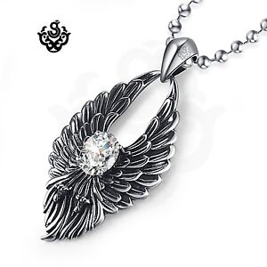 Silver wings clear simulated diamond soft gothic pendant necklace vintage style