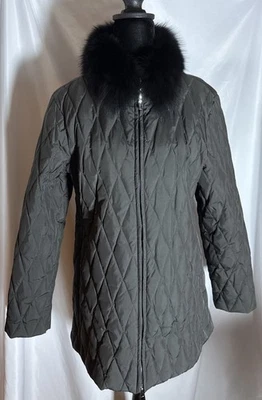Larry Levine Down Grey Diamond Quilted Coat With Black Fox Fur Collar Size L - Image 1 of 4