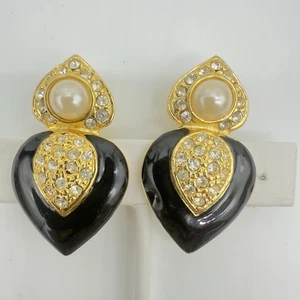 Vtg Pave Rhinestone Earrings Faux Pearl Black Enamel Heart Unsigned Designer - Picture 1 of 9