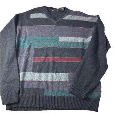 Consensus Sportswear Vintage Sweater Mens size L V-neck colorblock wool blend - Image 1 of 4