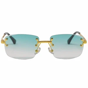 Luxury Rimless Square Sunglasses for Men Women Gold Green Frame Hip Hop Shades - Picture 1 of 3
