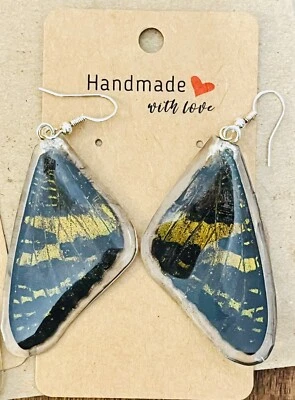 (302) 黑金金属日落翼蝴蝶耳环纯银 — 第 1/4 张图片