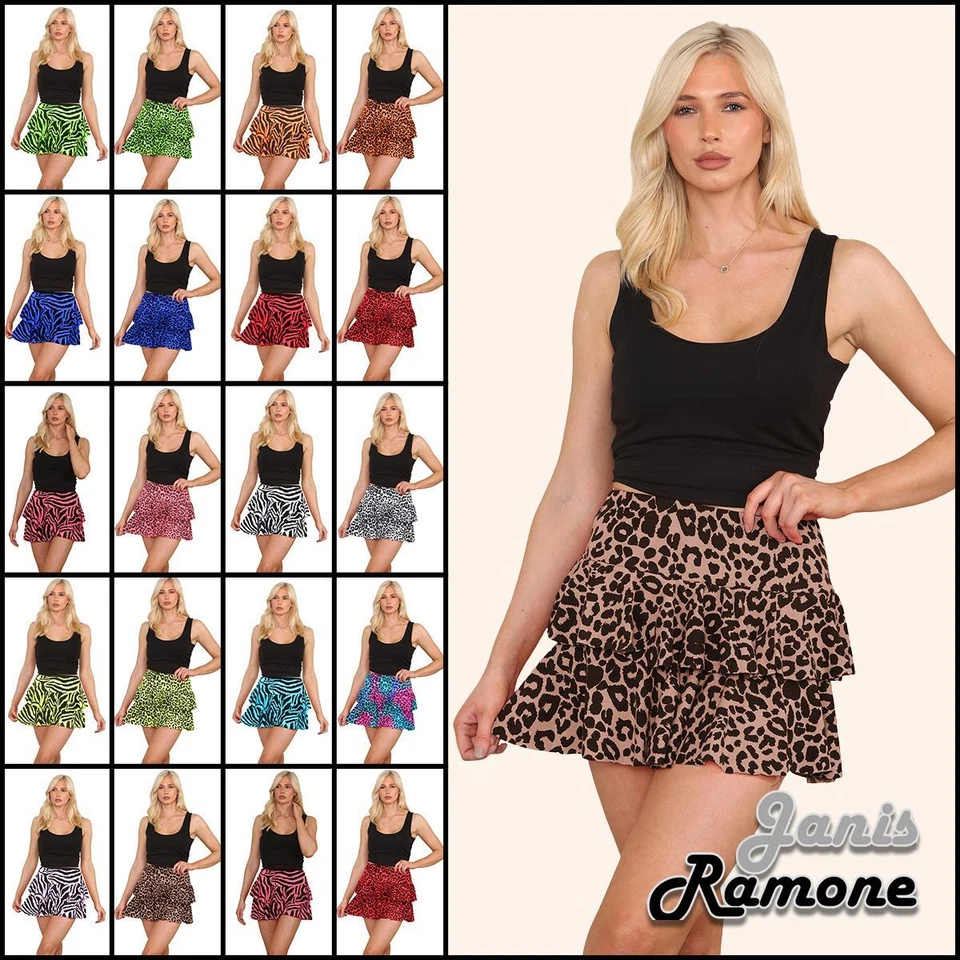 JANISRAMONE Womens Rara Skirt Zebra Printed Frill Layered Party Club Wear Dance Mini Skirt