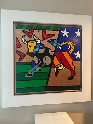 Romero Britto Large Original Painting Pop Art American Flag USA Bull Taurus - Image 1 of 4