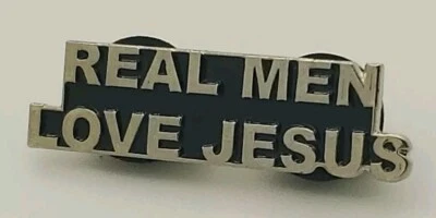 REAL MEN LOVE JESUS Hat Tie Double Wide Lapel Pin 1.375" x .375" - Image 1 of 2