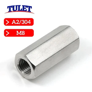 M8-1.25 Stainless Steel Long Rod Hex Coupling Nuts, A2 / 18-8 Metric DIN 6334 - Picture 1 of 5