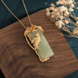 Collana con ciondolo giada ciondolo placcato oro 18 carati catena fenice uccellino pietra preziosa delicata - Foto 1 di 5