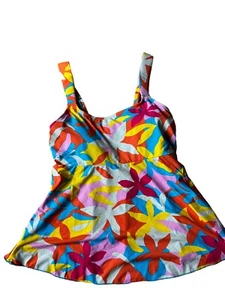 Lands End NEW Medium Multi Graphic Floral Tankini Swim Top Scoop Neck Flutter - Picture 1 of 8