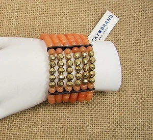 Lucky Brand Bead Wide Bracelet 6 Strands Gold Orange Beads Brown Leather Boho - Picture 1 of 10