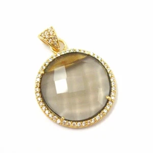 Gold plated Silver Round Bezel Smokey Quartz Gem Pave Cubic Zirconia Pendant - Picture 1 of 4