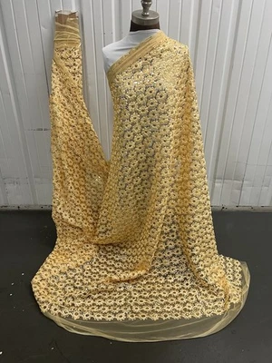 Yellow Sequins Embroidery Lace Fabric 50” Width Sold By Yard - Image 1 of 4