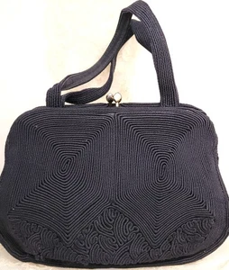 1940s Vintage Spiderweb Cordé Geometric Kiss Lock Handbag Purse Dark Navy - Picture 1 of 11