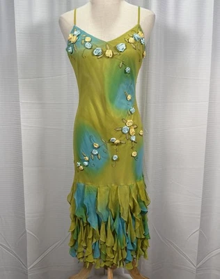 Vintage Sue Wong Size 4 Midi Dress Silk Gown Green Fairy Y2K Floral Whimsical - Image 1 of 4