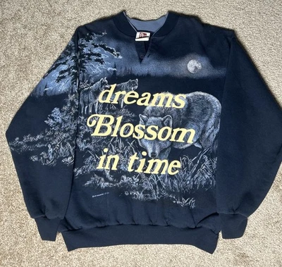 Sudadera Art Unlimited Vintage Azul Marino Lobo AOP Estampado Vida Silvestre Años 90 EE. UU. Talla Mediana Foto 1 de 4